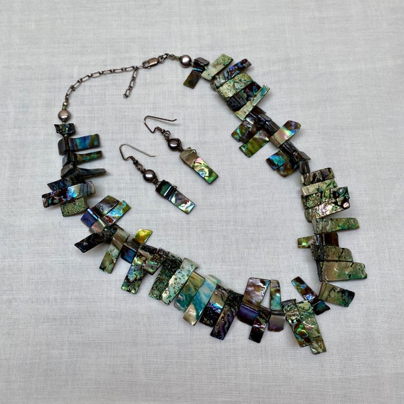 Handcrafted ABALONE SHELL Necklace and Pierced Earring Set Natural Shell - Picture 6 of 11